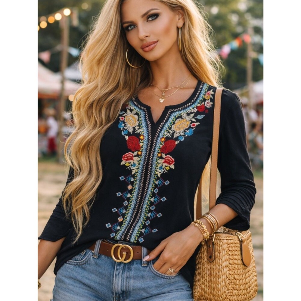 Embroidered Boho Top Black Floral Stitching Soft Stretch Blouse M